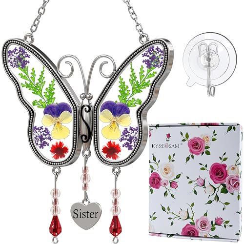 KY&BOSAM Suncatcher Butterfly Stained Glass Sister Suncatchers Hangings for Window Wind Chime Ornament with Pressed Dried Flower Wings Embedded in Glass for Mom Birthdays Christmas