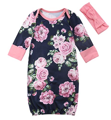 Newborn Baby Girls Floral Nightgown Long Sleeve Robes Pajamas Outfit with Headband (0-3 Months) Navy Blue