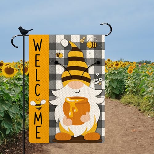 PIPISASA Gnome Welcome Bee Happy Garden Flag Welcome Spring Summer Burlap Garden Flag 12.5 x18 Inch Double Sided Rustic Seasonal Yard Flag Outdoor Decoration