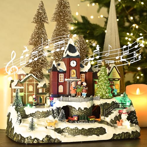Valery Madelyn Christmas Village Decorations, Battery Operated Musical House, LED Lights Dynamic Trains Winter Scenes Figurine Retro Choir Town Gift for Christmas Decoration, 10.8 Inch by Valery Madelyn - Image 4