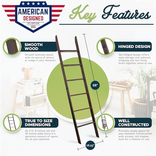 Blanket Ladder for Living Room and Bedroom, 5ft 8 inch, 6-Tier Wall Leaning Laminate Snag Free Construction (Rustic Hickory) Rustic Decorative Farmhouse Blanket Storage, Quilt Rack, Ladder Shelf - Image 2