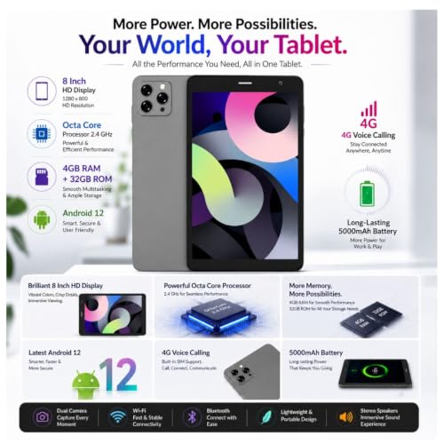 Image of IKALL N16 Pro Smart Tablet - 8 Inch HD Display, Octa Core Processor, 4GB RAM + 32GB ROM, Android 12, 4G Voice Calling, Long-Lasting 5000mAh Battery (Grey)