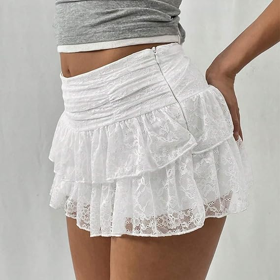 Women Lace Mini Skirt Y2K Flowy Layered Ruffle Short Skirt Underskirt Aesthetic Flowy Fairy Party Skirt3