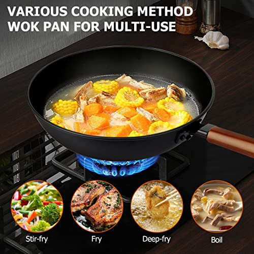 Leitao Carbon Steel Wok Pan, 14 Piece Woks & Stir-Fry Pans Set With Lid & Cookwares, No Chemical Coated Flat Bottom Chinese Woks Pan For Induction, Electric, Gas, Halogen All Stoves #TOP6