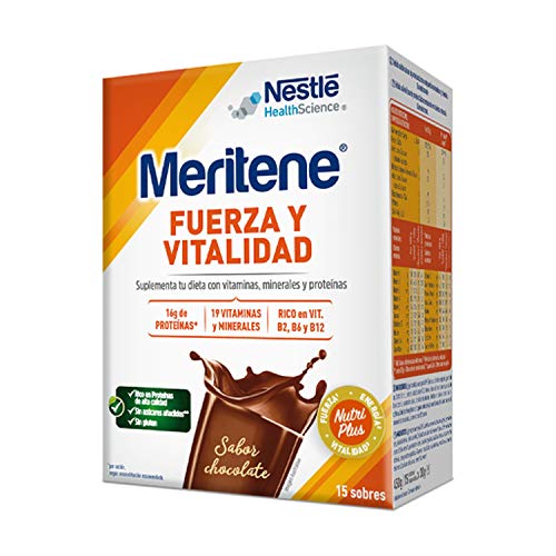 MERITENE Sabor Chocolate, Fuerza y Vitalidad, Batido, Complemento Alimenticio, Vitaminas y Minerales, Sobres, Blanco, 15 Unidades