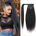 Adette 24 Inches Kinky Straight Ponytail Human Hair Yaki Straight Ponytail Extension for Black Women Wrap Around Ponytail Hair Piece with Magic Paste Ponytail Natural Black Color