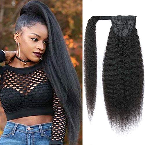 Adette 100% Brazilian Human Hair Yaki Straight Ponytail Hair Extensions Wrap Around Kinky Straight Ponytails Magic Paste Clip in Pony Tails for Fashion Woman 22 Inches
