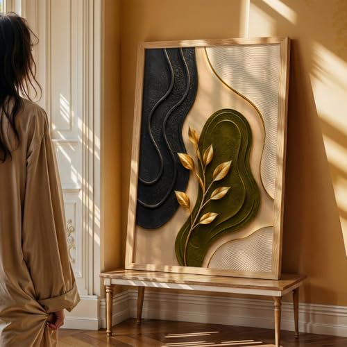 Image of NoWorries 3D Abstract Botanical Wall Painting with Frame Set of 1 | Premium Textured Gold Leaf Artwork, Modern Black Green Beige Nature Wall Decor for Living Room, Bedroom, Office and Home Decoration (3d Art-9,13x19inch)