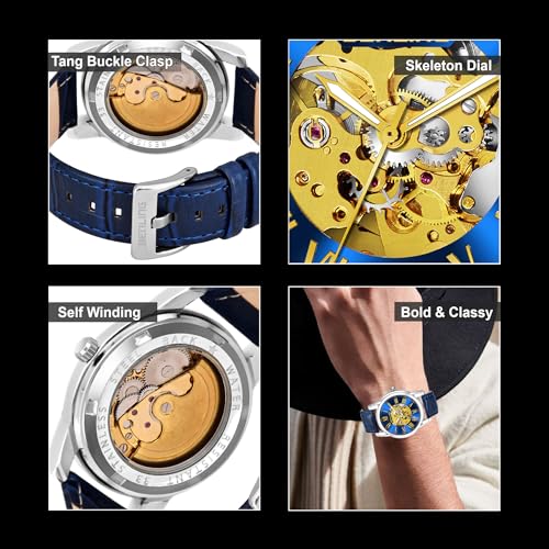 Image of Benling Skeleton Analog Automatic Watch for Men, Mechanical Movement, Leather Strap, Formal Casual Party Official Purpose