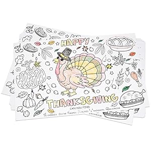 Gift Boutique Disposable Thanksgiving Place Mats for Kids 50 Pack Turkey Coloring Activity Paper Place Mat 11″ x 17″ Thankful Autumn Table Mat Chargers for Dinner Table Children Fall Party Décor