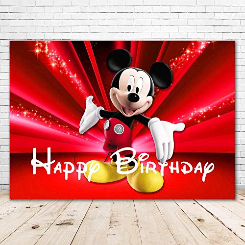 VV Backdrop Happy Birthday Mickey Mouse Theme 7x5 Vintage Black and Red Mickey Mouse Background for Kids First Birthday Vinyl Sparkly Red Backgrounds Mickey Mouse for Party