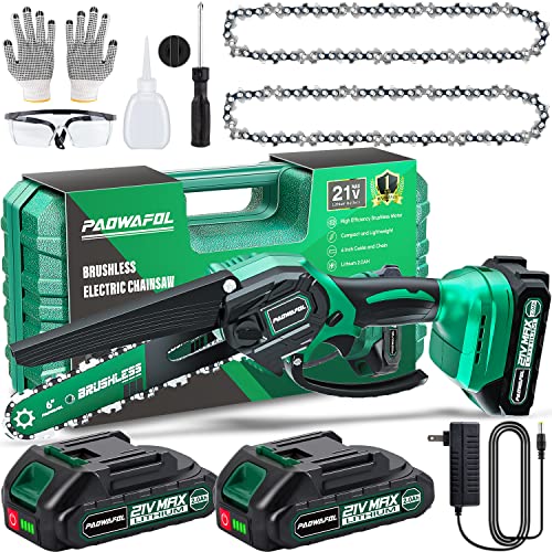Mini Chainsaw Brushless 6 Inch Cordless-2 Batteries Powered Chain Saw Electric Chainsaw-Handheld Rechargable Batteries Small Hand Saws With 2 Chains Power Operated for Tree Trimming Graden Pruning