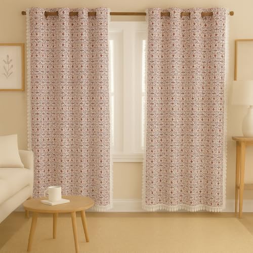 Image of Cortina Self Print Light-Filtering 100% Cotton Curtains 7 feet Long Set of 2 for Door [ Opacity: 50-60%, Color: Cream Brown, 180 GSM ]