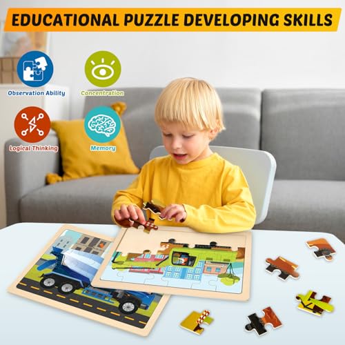 Rompecabezas de madera para niños de 3 a 8 años, paquete de 4 rompecabezas de vehículos de construcción con 24 piezas, juguetes educativos para preescolares miniatura 6
