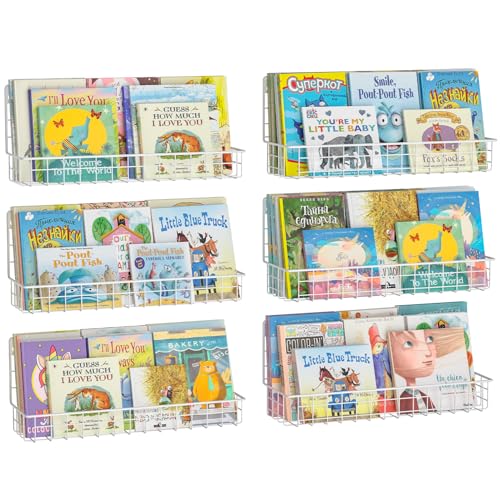 Image of 6-Pack White Floating Nursery Book Shelves , Metal Wall Mounted Storage book Shelves for Kids Bedroom, Toddler Room, Baby Nursery Decor, Space-Saving Display Shelves for Books & Toys - 2 Sizes