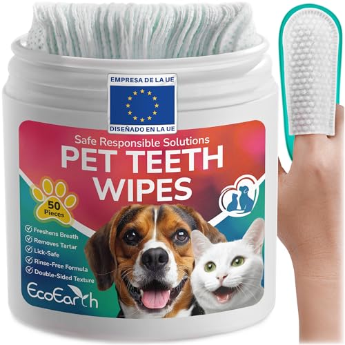 EcoEarth Toallitas de Limpieza Dental Premium para Perros y Gatos - 50 Piezas - Almohadillas para los Dedos para el Cuidado Dental de Mascotas para un Aliento Fresco y una higiene bucal