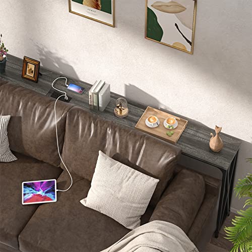 Karcog Narrow Console Table With Recessed Power Strip, 47 Inch Sofa Entry Table With 2 Ac Outlets & 2 Usb Ports, Industrial Farmhouse Style Accent Hallway Table For Living Room, Grey Oak #TOP6