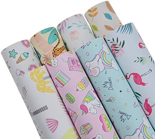 8 Pieces 8x12 Inch(21x30cm) Cartoon Pattern Printed Faux Leather Fabric Sheets Cotton Back for Leather Bows and Earrings Making, Each Pattern One Sheet, in Total 8 Sheets