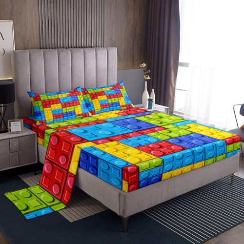 Feelyou Colorful Toy Bedding Set Teen Women Men Funny Building Blocks Decor Bed Sheets Twin Size Kids Boys Girls Colorful Geometric Brick Fitted Sheet Set Cute Games Room Decor