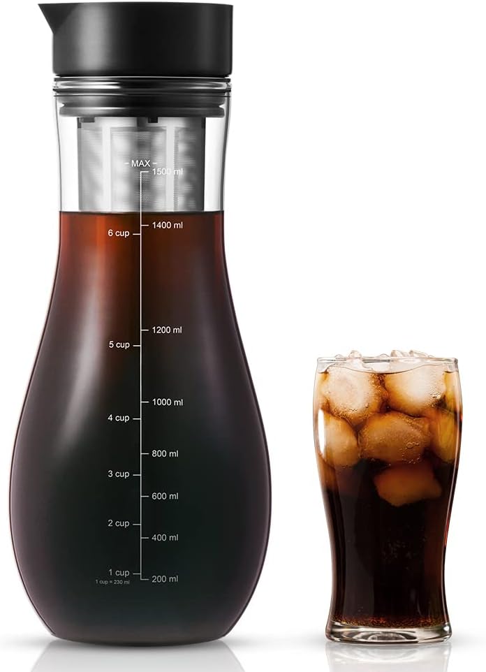 Soulhand Cold Brew Coffee Maker, Iced Coffee Maker with Airtight Lid, Cold Brew Pitcher with Removable Stainless Steel Filter for Ready To Drink Iced Coffee Hot Tea Fruit Beverage Brewing-48oz/1.5L