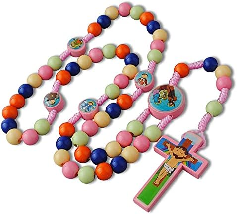 Luomu Multicolor Wood Beads Saint Prayer with Nativity Centerpiece Cord Rosary (Pink)
