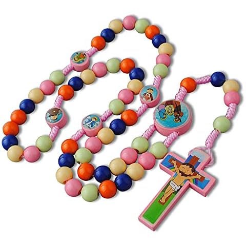Luomu Multicolor Wood Beads Saint Prayer with Nativity Centerpiece Cord Rosary (Pink) Cover