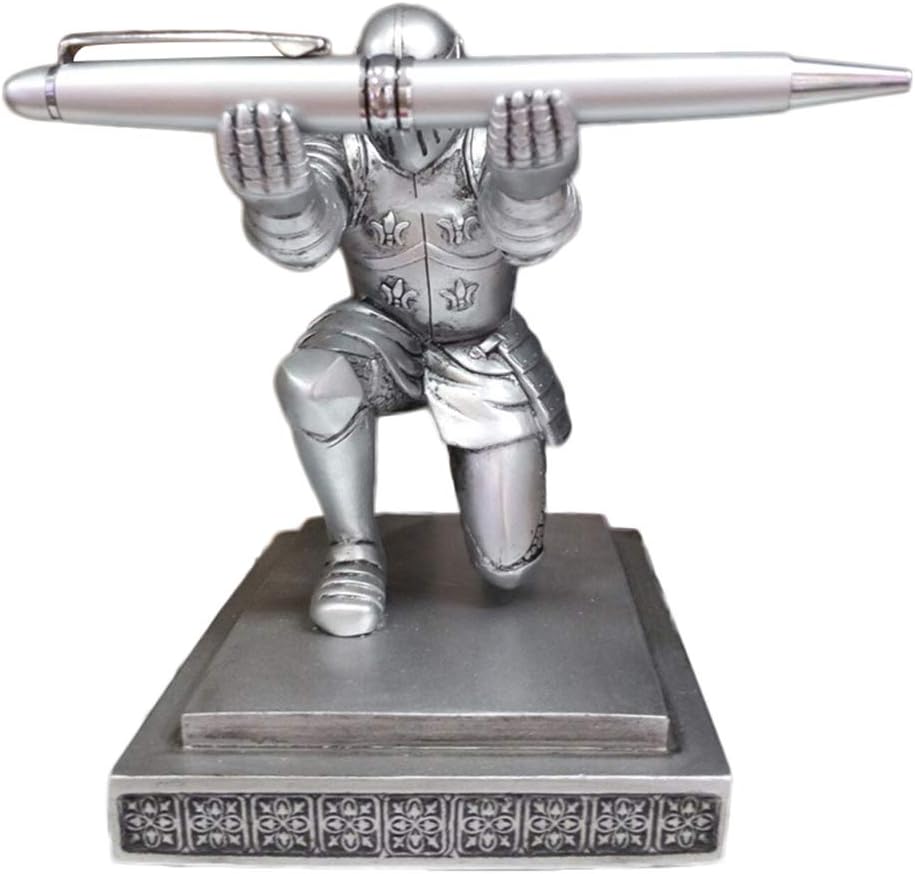 Cdrox Resin Knight-Kneeling Pen Holder Desktop School Office Student Gift Pencil Stand and Metal Pen