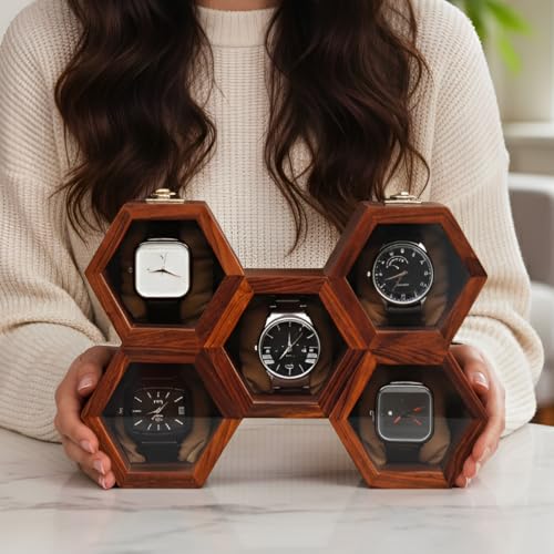 Image of Vintage Wooden Watch Box for Men, Timepiece Display Case, Honeycomb Watch Storage & Organizer, Jewlery Box for Women, Anniversary Gift For Husband (5 Compartments (Butterfly Shape))