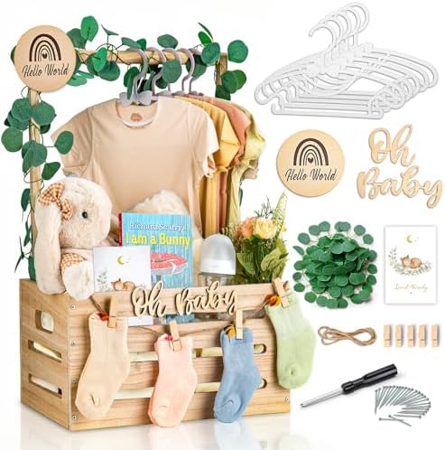 Wooden Baby Shower Crate Closet - Personalized Baby Gift Baskets with Hangers, Large Newborn Boys Girls Clothes Storage Box for Newborn New Parent