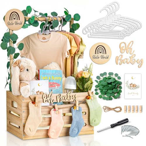 Wooden Baby Shower Crate Closet - Personalized Baby Gift Baskets with Hangers Large Newborn Boys Girls Clothes Storage Box for Newborn New Parent