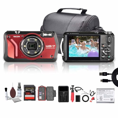 Ricoh WG-7 Waterproof Digital Camera – 20MP, 4K Video, 14m Underwater, Shockproof, Freezeproof – Outdoor Adventure Camera – Red + 128GB Memory Card + Flexible Tripod + Camera Bag + More (Bundle)