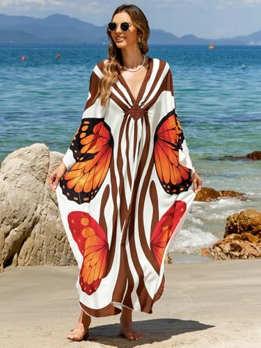 Image of IMAGEKOPE Women's Plus Size Animal Print V-Neck Batwing Kaftan Beach Dress Bathing Suit Cover-Up Loungewear