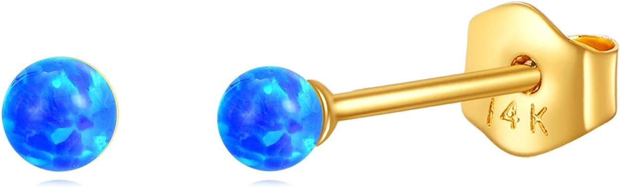 14K Real Gold Opal Earrings for Women Solid Yellow Gold Ball Shape Stud Daily Jewelry Gifts for Her