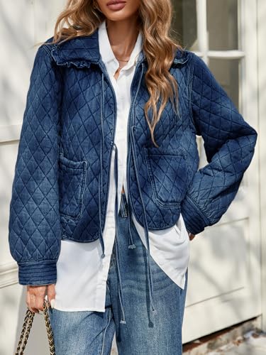 Image of Tankaneo Womens Quilted Denim Puffer Jackets Tie Front Bow Cropped Puffy Jackets Fall Cute Short Jeans Coat