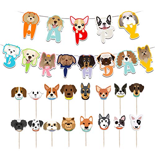 Decorazione di Compleanno Cane, 13 Pezzi Banner di Compleanno Cane Simpatico Cartone Animato con 16 Pezzi Toppers Cupcake Cucciolo per Animali Domestici Festa