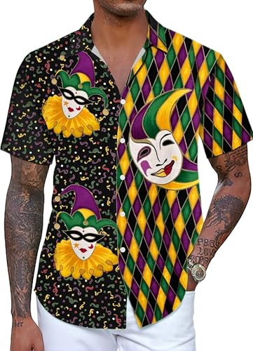 YZMI Fat Tuesday Shirts for Men Casual Button Down Short Sleeve Fat Tuesday Blouse Jester Mask Graphic Outfit Black and Gold Colorblock XL