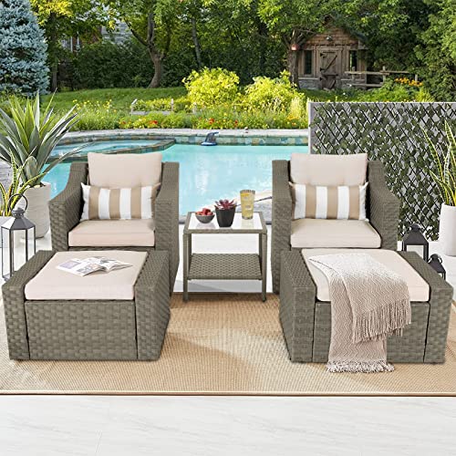 Solaura 5 Piece Patio Conversation Set Outdoor Furniture Set, Grey Wicker Lounge Chair With Ottoman Footrest, W/Coffee Table & Cushions (Beige) For Garden, Patio, Balcony, Deck #TOP6