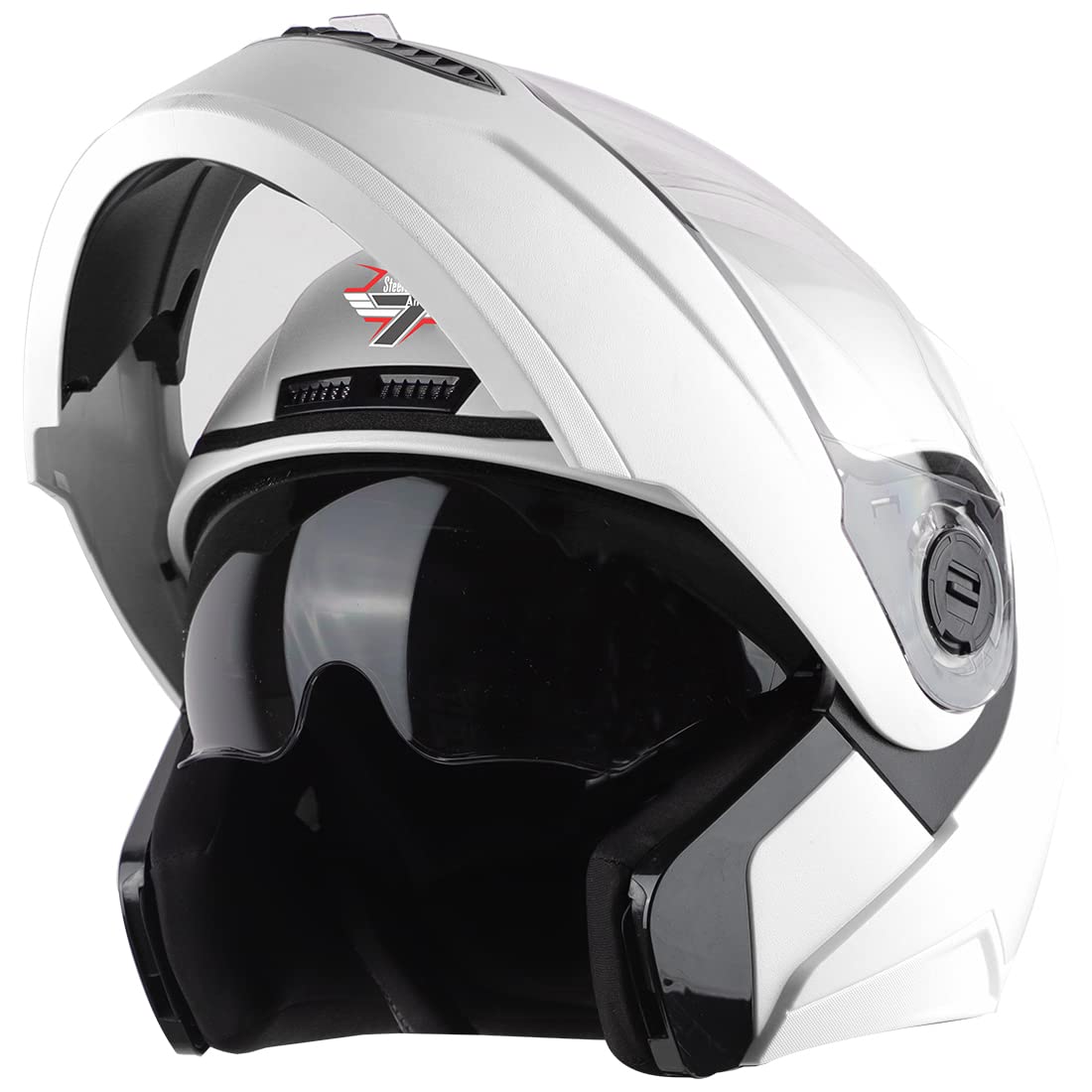 Steelbird SBA-7 7Wings ISI Certified Flip-Up Helmet for Men and Women with Inner Smoke Sun Shield (X-Large 620 MM, Dashing White) Steelbird SBA-7 7Wings ISI Certified Flip-Up Helmet for Men and Women with Inner Smoke Sun Shield (X-Large 620 MM, Dashing White)