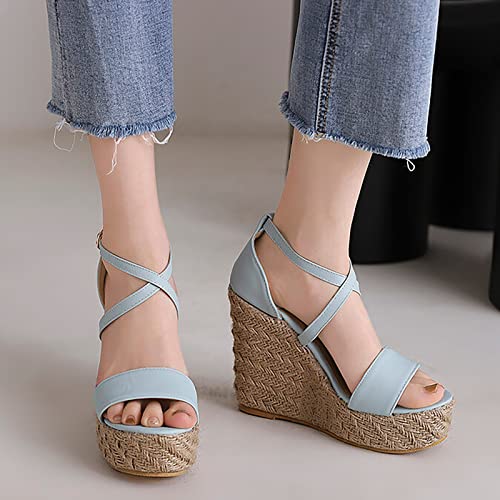 Sandales bohème à talons compensés confortables et stables en taille 38 bleu