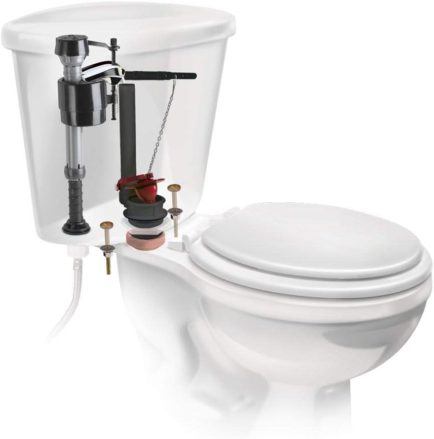 Diagram of Fluidmaster toilet repair kit components installed in a toilet tank
