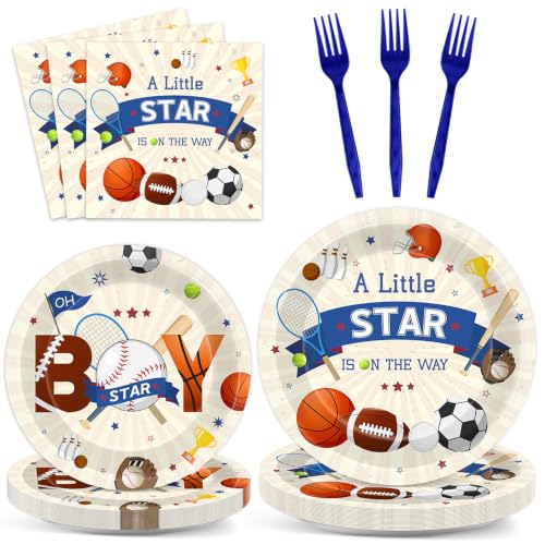 Image of 96Pcs Sports Baby Shower Party Decoration A Little Star Is on the Way Paper Plates and Napkin Football Soccer Volleyball Theme Tableware Set Sport Party Supplies for Baby Shower Birthday Kids Serve 24
