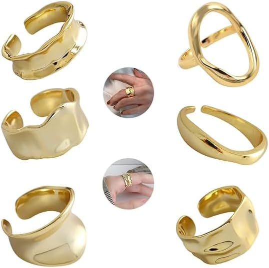 WAINIS 6 Pcs Chunky Open Rings for Women Statement Boho Adjustable Rings Set