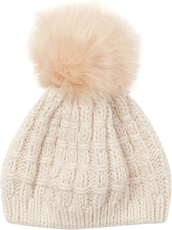 Women's Faux Fur Pompom Knit Beret Beanie One Size