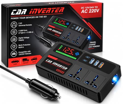 Image of PowerEdge 200W Car Laptop Charger /Car Power Inverter with 2 USB (3A & 2.4A) + 2 Type-C (30WPD & 2.4A), Smart USB Charging Ports, 12V /24V DC to 220V AC, 2X Universal AC Outlet