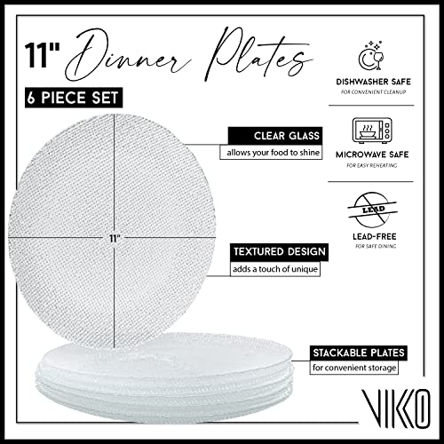 Vikko Salad Plate, Set Of 6 Glass Plates, Dinner Plate, Elegant Textured Glass Design, Stackable 11 Inch Plates, Dishwasher Safe #TOP4
