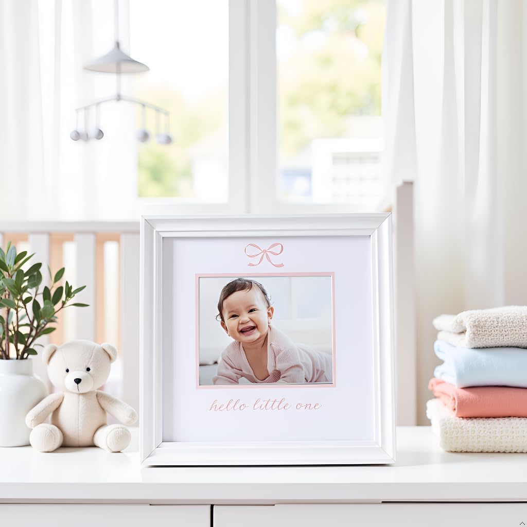 Kate & Milo Hello Little One Baby Photo Frame with Pink Bow, White | Keepsake Picture Frame, Holds 3.5” x 4.5” Photo, Nursery Decor, Newborn Picture Display, Baby or New Parent Gift
