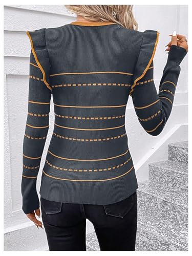 Image of Floerns Women's Striped Print Ruffle Trim Crewneck Long Sleeve Pullover Sweater Dark Blue X-Large