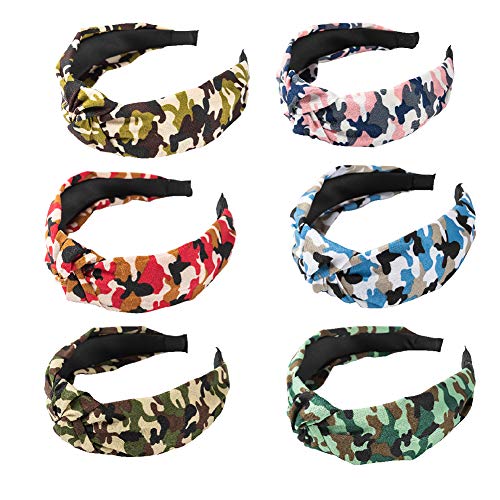 EIGHTOWN 6 Pack Camo Headband for Women - Top Cross Knot Hair Bands - Camouflage Turban Twisted Head Wrap - Wide Hard headband