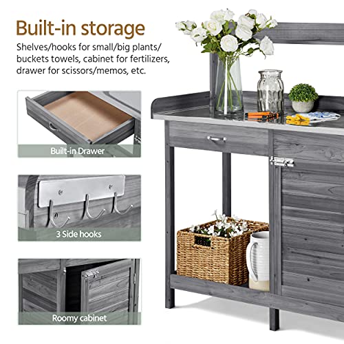 Image of Yaheetech Potting Bench Outdoor Potting Table with Storage,Gray | Outdoor Potting Bench with Spacious Metal Tabletop Keeps Soil and Water Contained While Providing a Durable Work Surface for