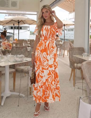 Image of ZESICA Women's 2026 Summer Boho Floral Maxi Dresses Casual Short Flutter Sleeve Smocked Tiered Flowy Dress